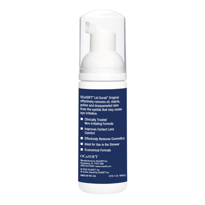 OCuSOFT Lid Scrub foaming eye wash packaging displaying the official brand logo and product benefits.