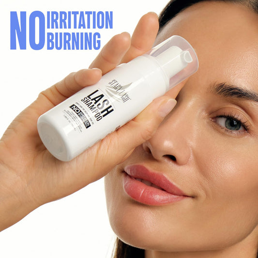Stacy Lash foaming eyelid cleanser product packaging showcasing the oil free formula