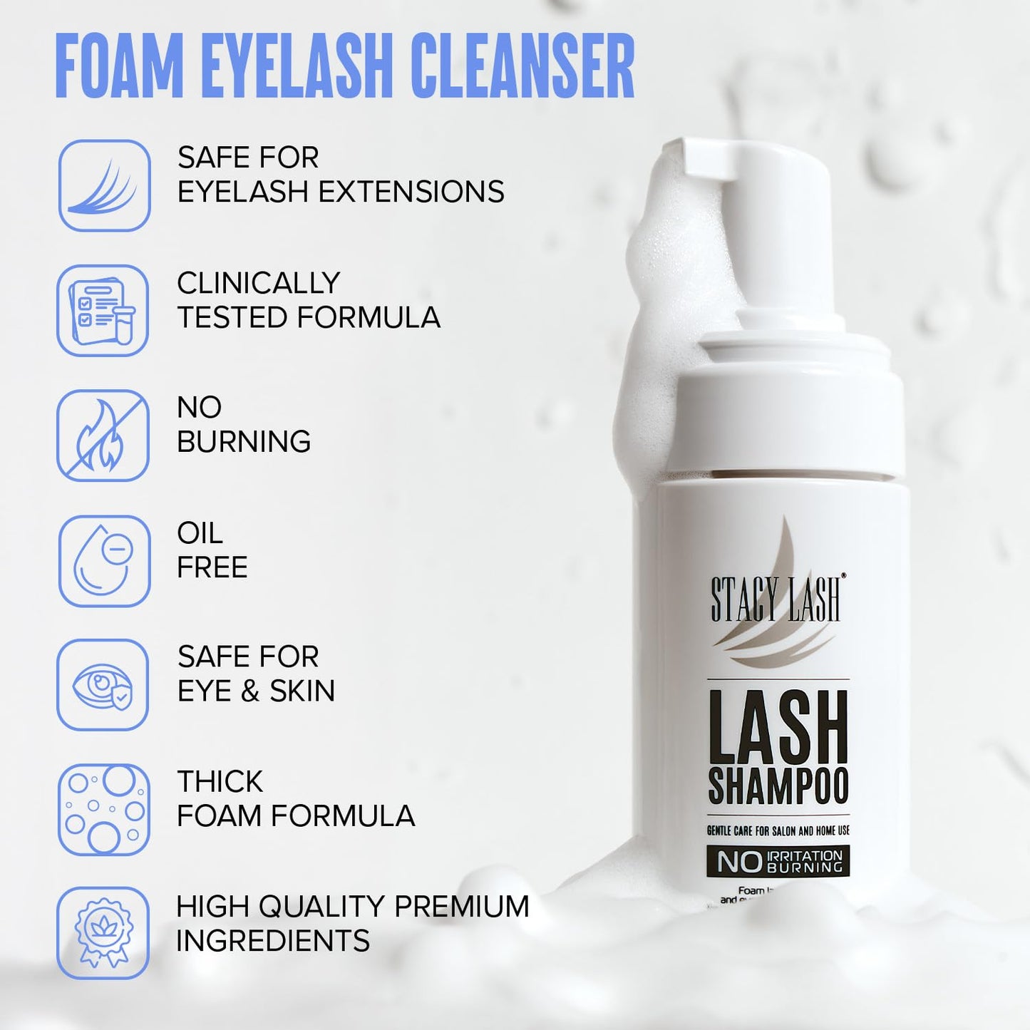 Stacy Lash lash extension shampoo fifty milliliters container highlighting paraben free label