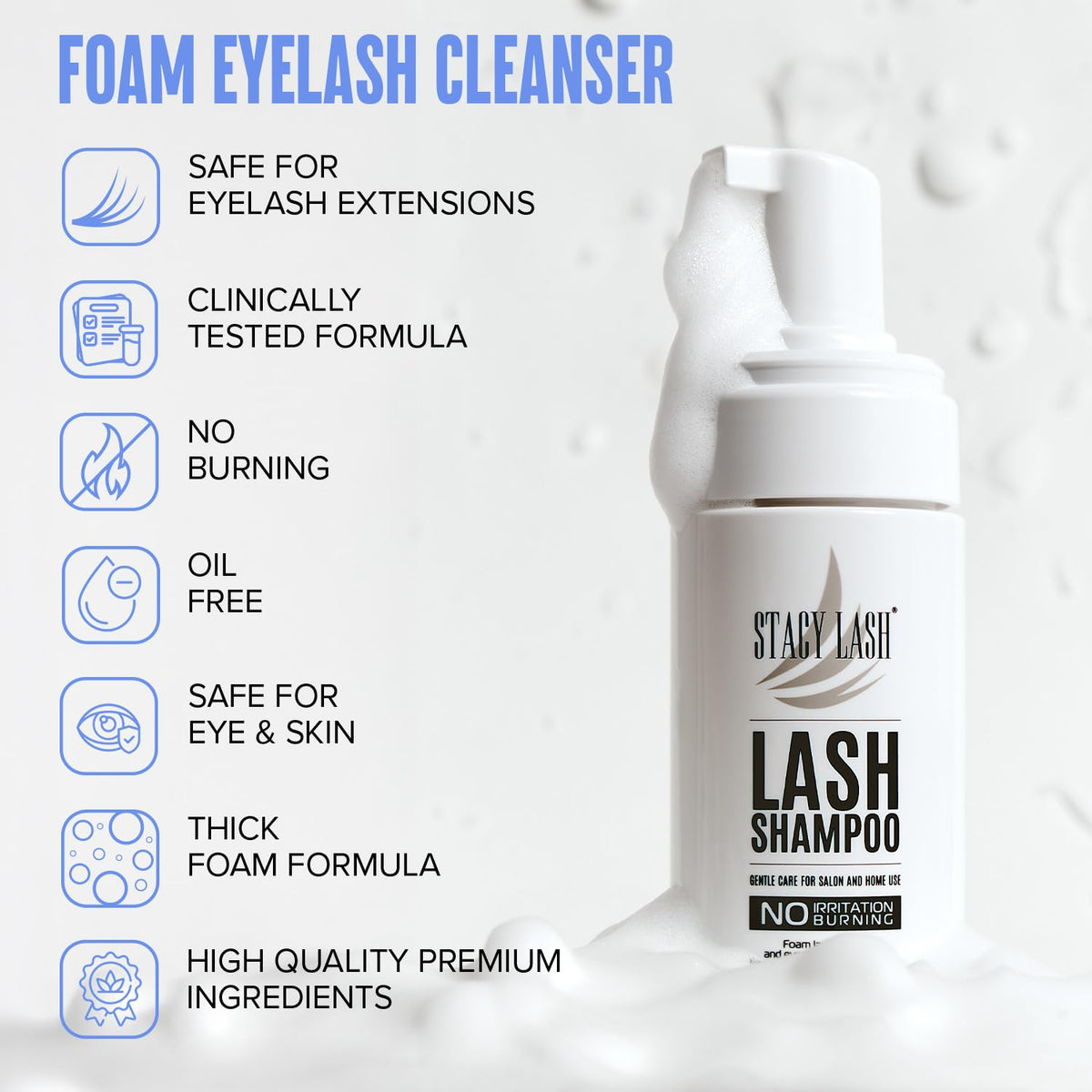 Stacy Lash 50 milliliter eyelash shampoo packaging and bottle layout