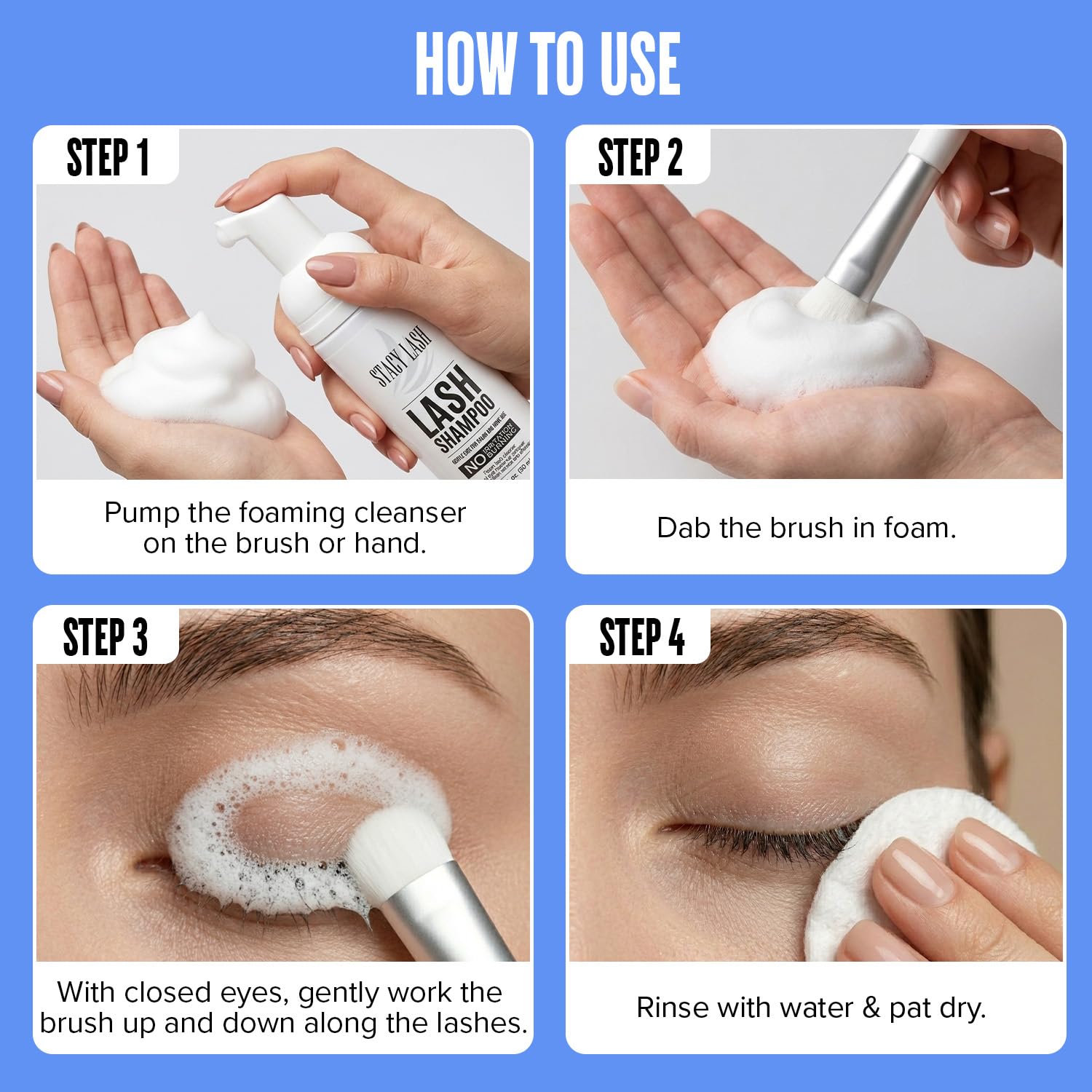 Stacy Lash salon quality lash cleanser product details and directions panel