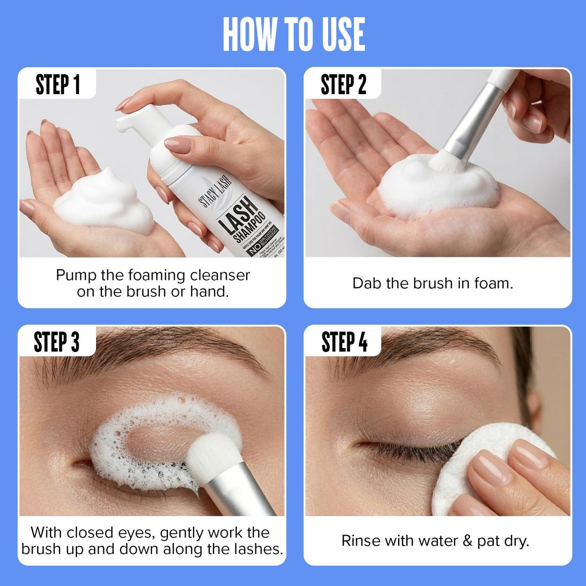 Demonstration of eyelash extension shampoo application on eye area