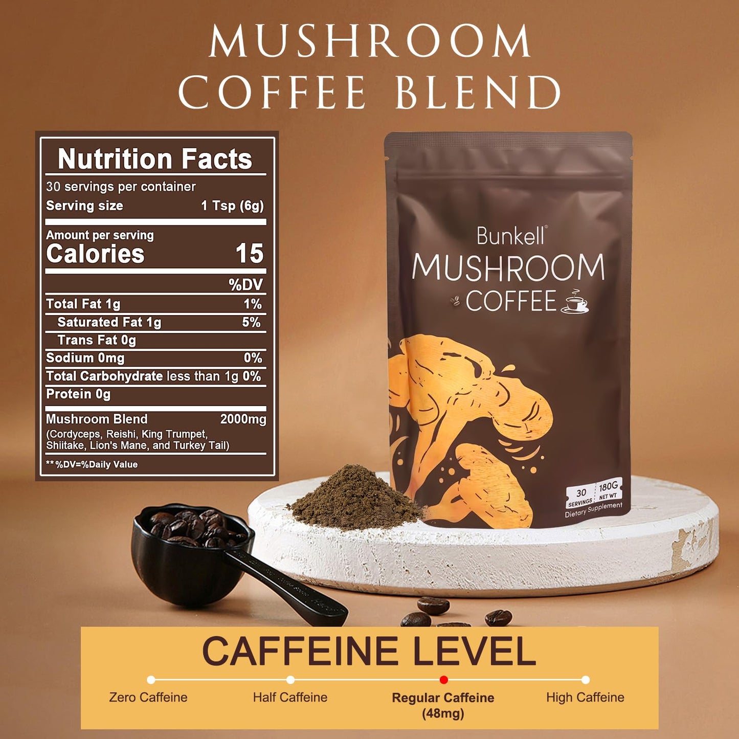 Bunkell premium instant coffee powder with Lion's Mane and Reishi for daily energy.