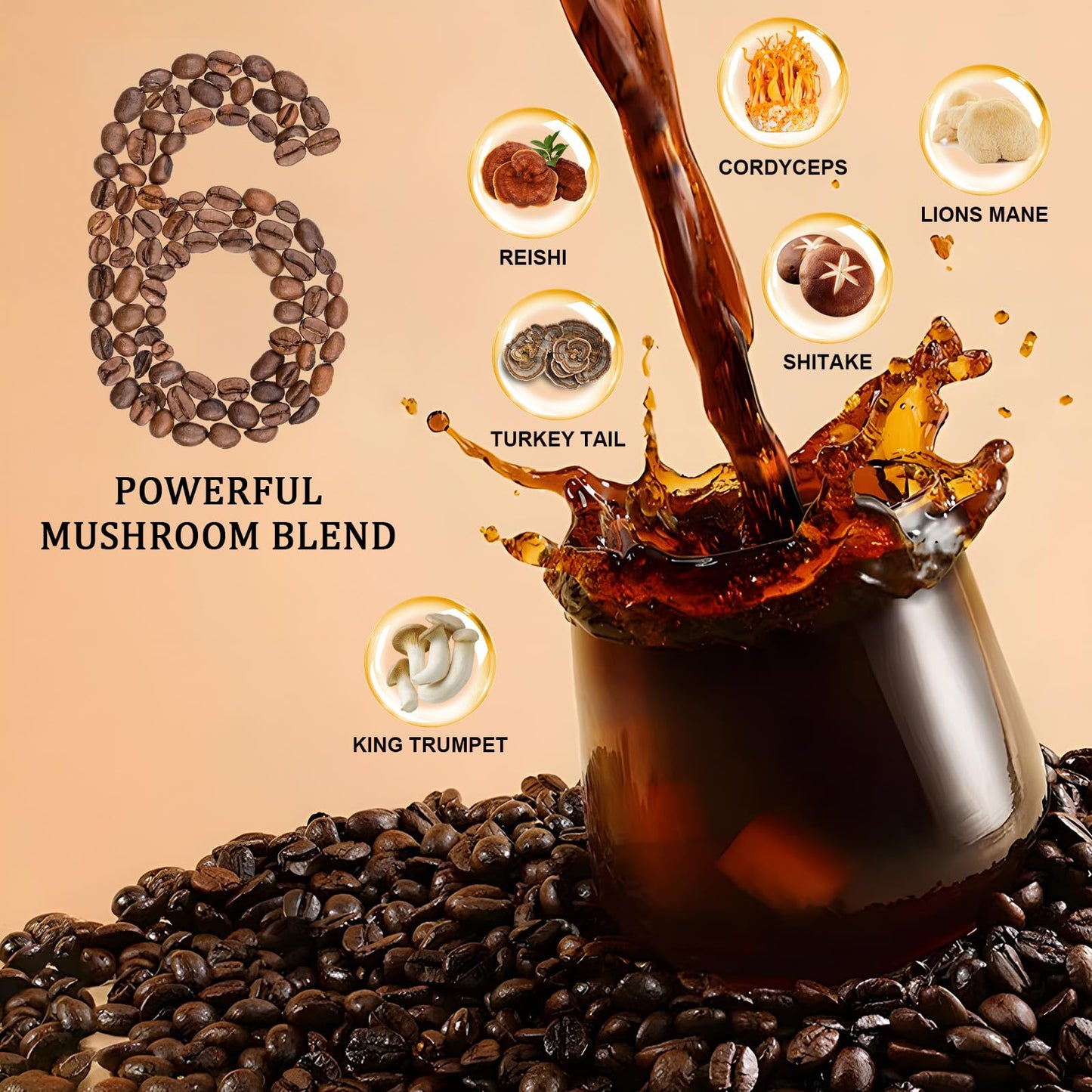 Bunkell adaptogenic six mushroom blend dietary supplement nutritional information panel.
