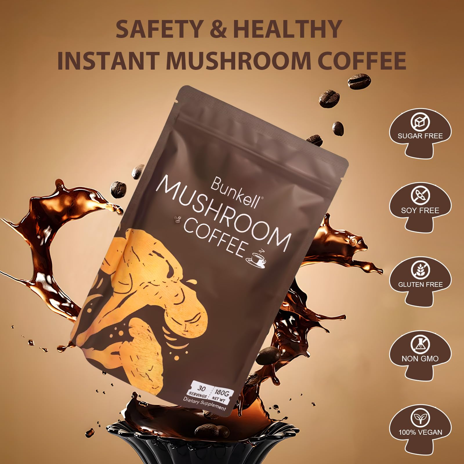 Bunkell mushroom coffee powder being mixed into hot water for morning wellness.