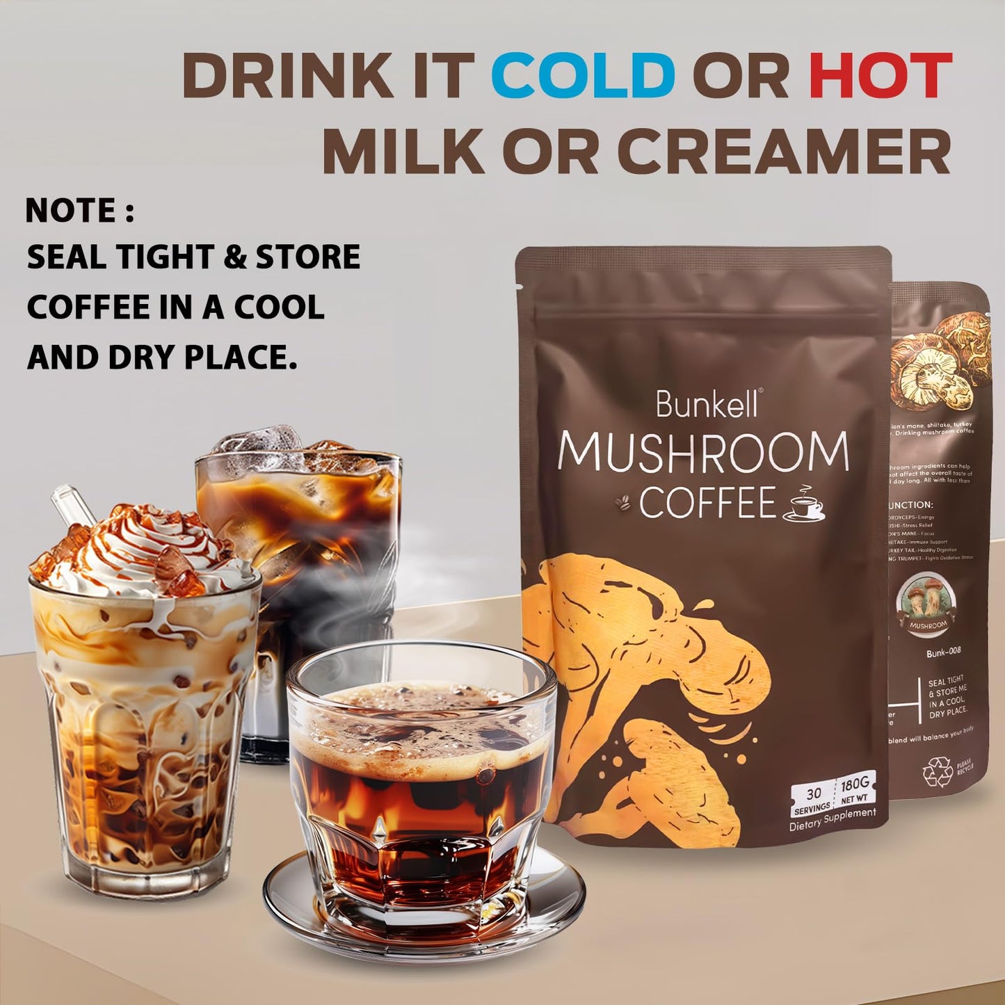 Authentic USA imported Bunkell wellness coffee packaging close up.