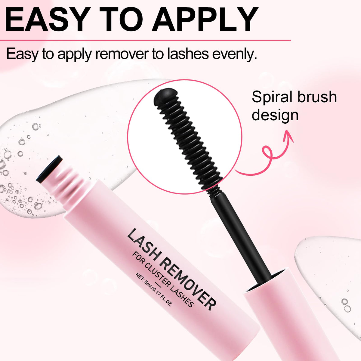 Pink tube of eyelash adhesive cleanser with spiral brush wand