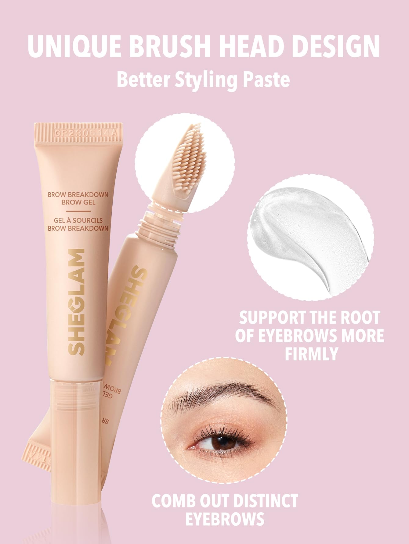 SHEGLAM clear eyebrow gel custom brush applicator close up view.