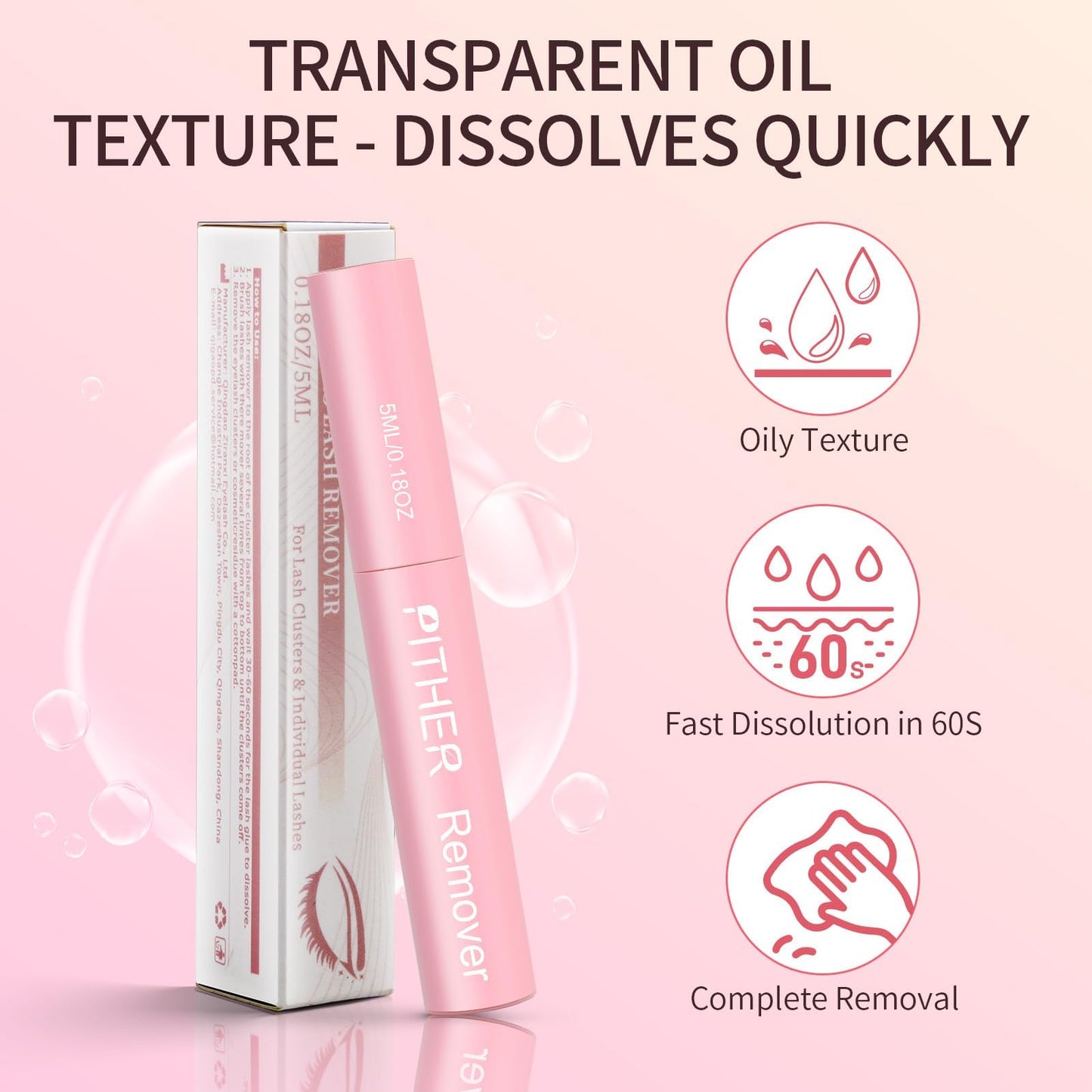 Close-up of the non-irritating soothing lash extension remover liquid highlighting its clear oil consistency safe for sensitive eyes.