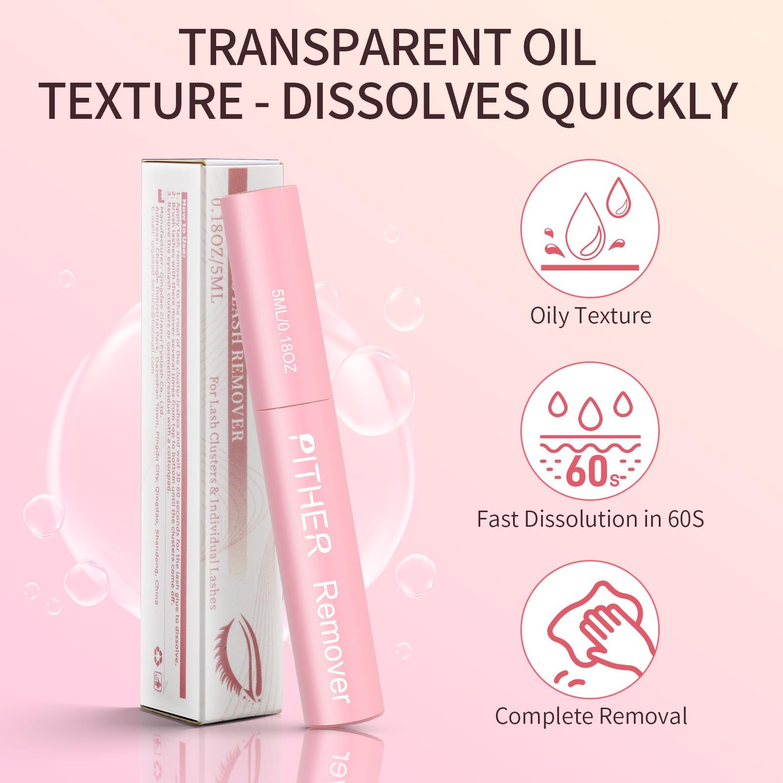 Close-up of the non-irritating soothing lash extension remover liquid highlighting its clear oil consistency safe for sensitive eyes.