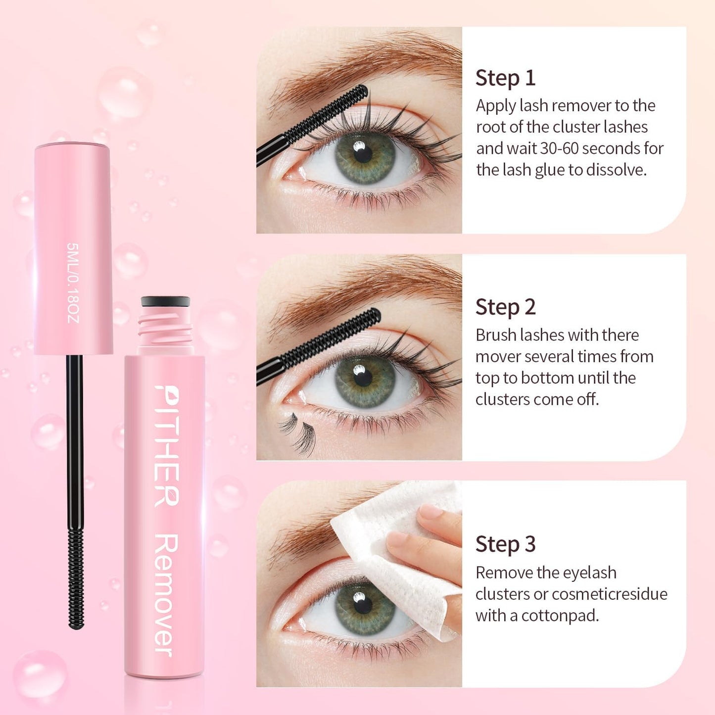 Arokleen Pither lash remover tube sitting alongside packaging details highlighting its fast-acting adhesive dissolving capabilities.