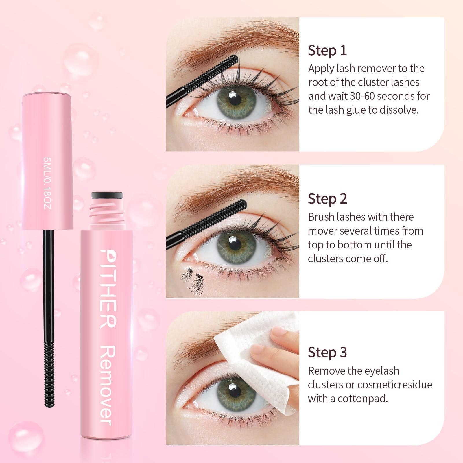 Arokleen Pither lash remover tube sitting alongside packaging details highlighting its fast-acting adhesive dissolving capabilities.