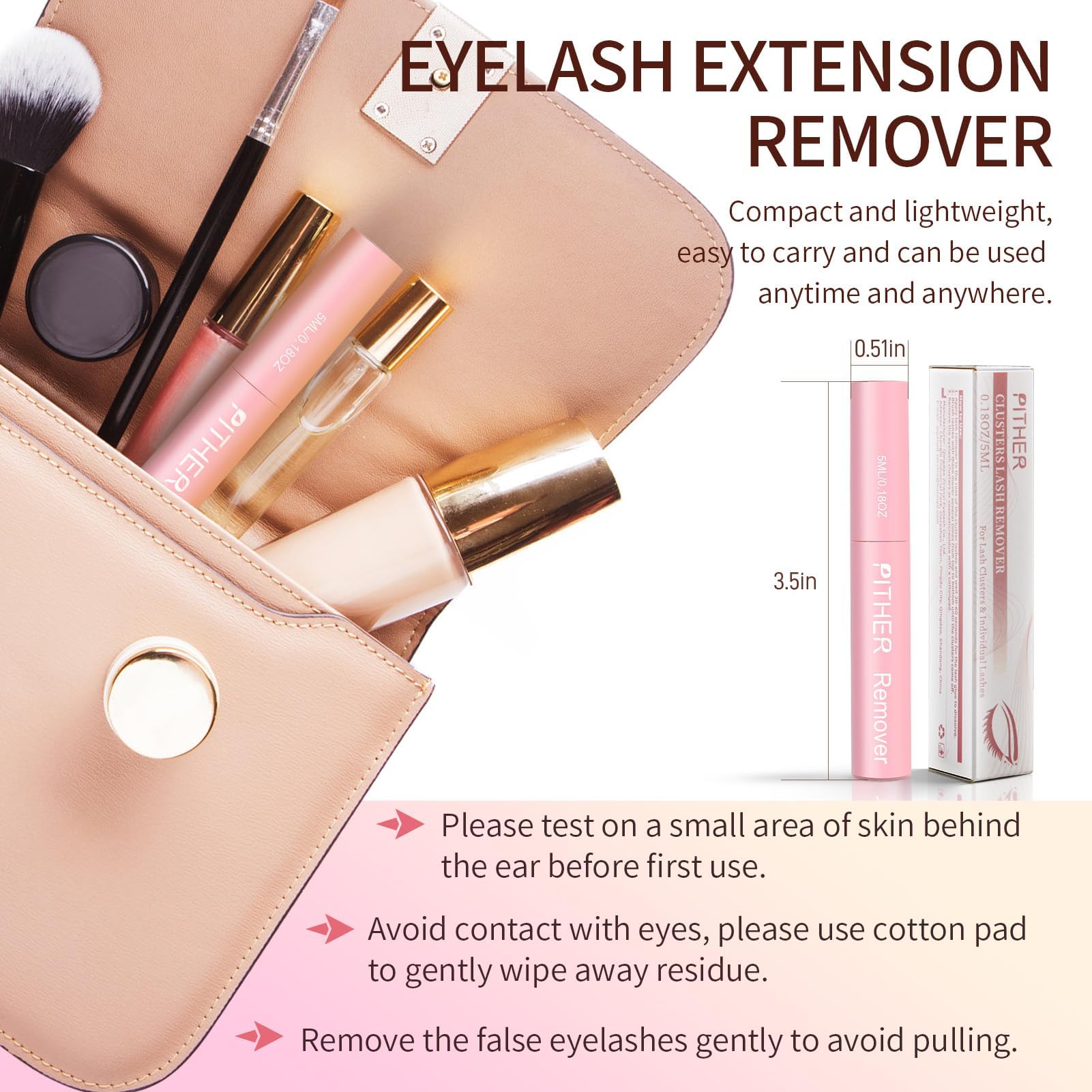 Side view of the cluster lash glue remover showing the compact five milliliter bottle travel-friendly size for personal care.