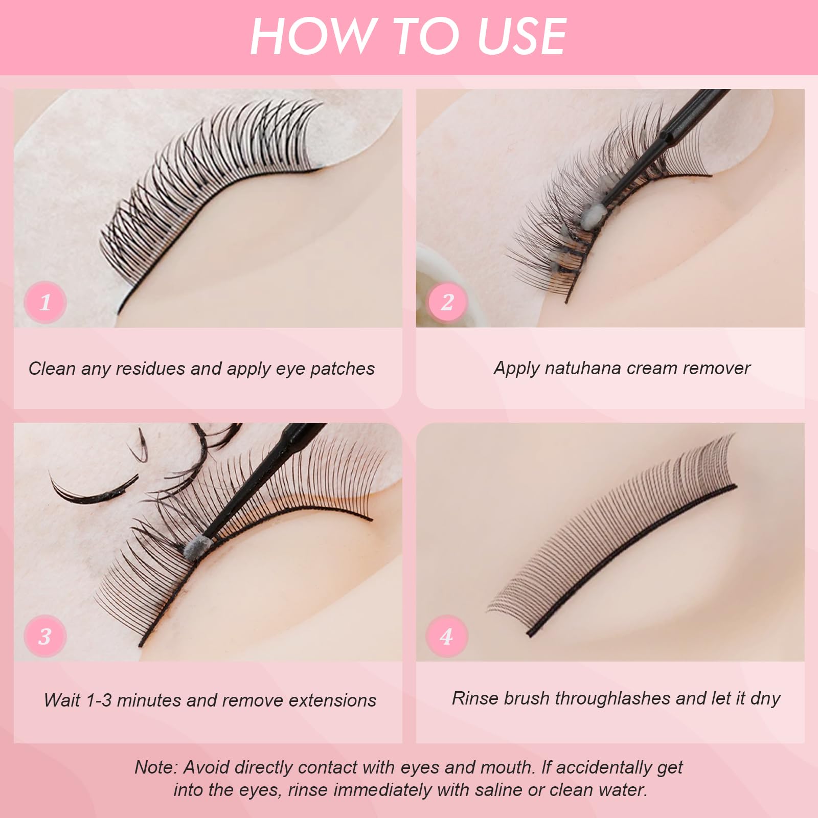 Authentic USA imported NATUHANA eyelash adhesive cream remover package details.