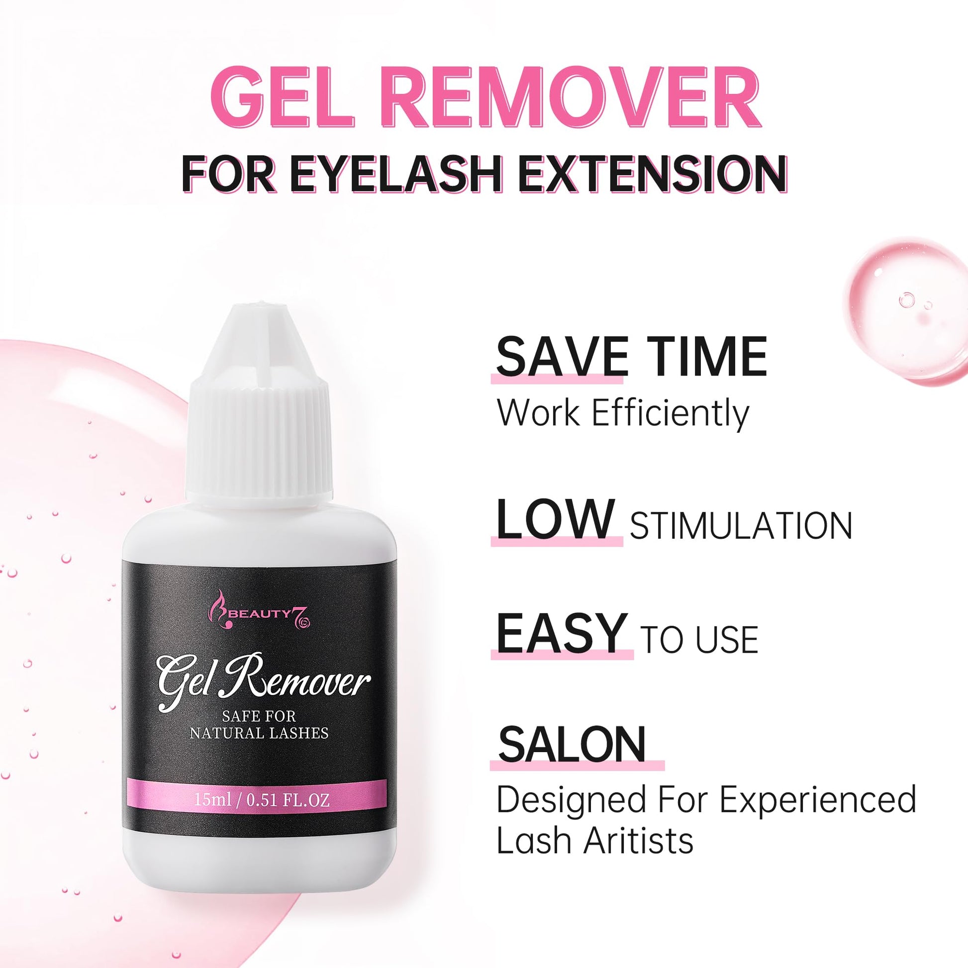 Beauty7 Eyelash Extension Gel Remover pink formula texture on a microfiber salon applicator brush