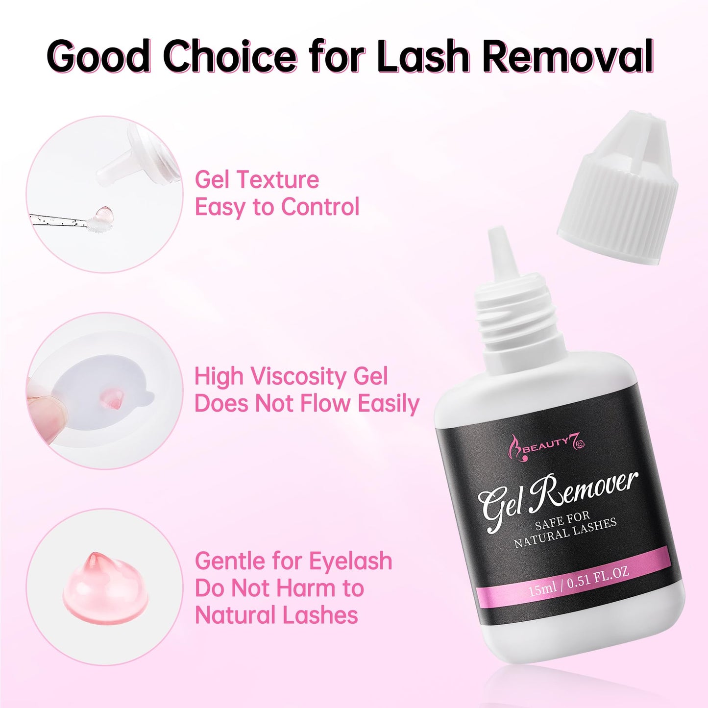 Beauty7 Safe Adhesive Bonder Glue Remover showing the 15ml packaging and low irritation features