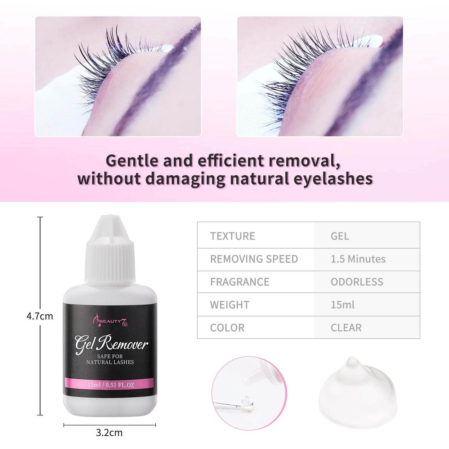Beauty7 Lash Remover Gel bottle standing next to professional individual lash extensions