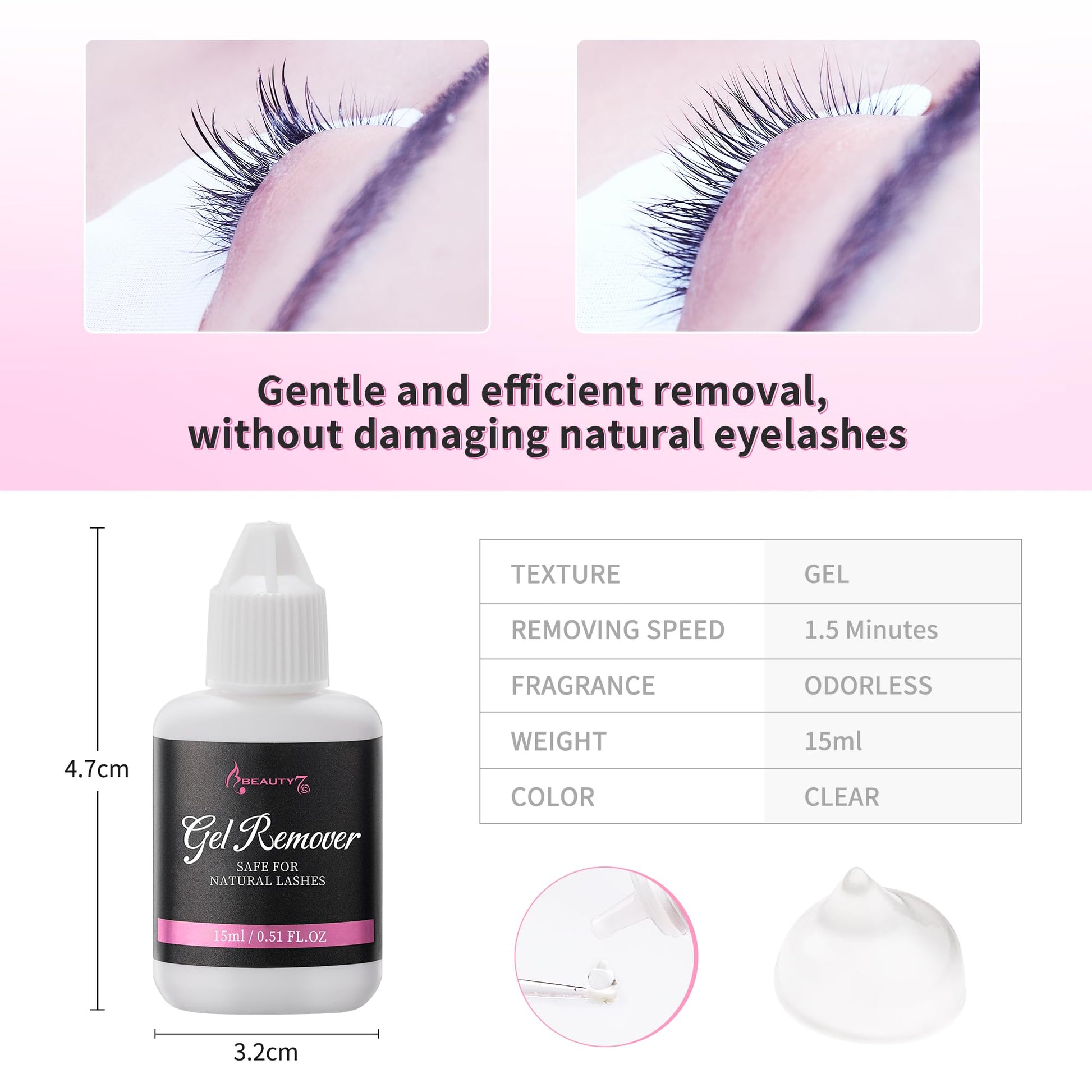 Beauty7 Lash Remover Gel bottle standing next to professional individual lash extensions