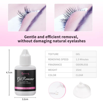 Beauty7 Lash Remover Gel bottle standing next to professional individual lash extensions