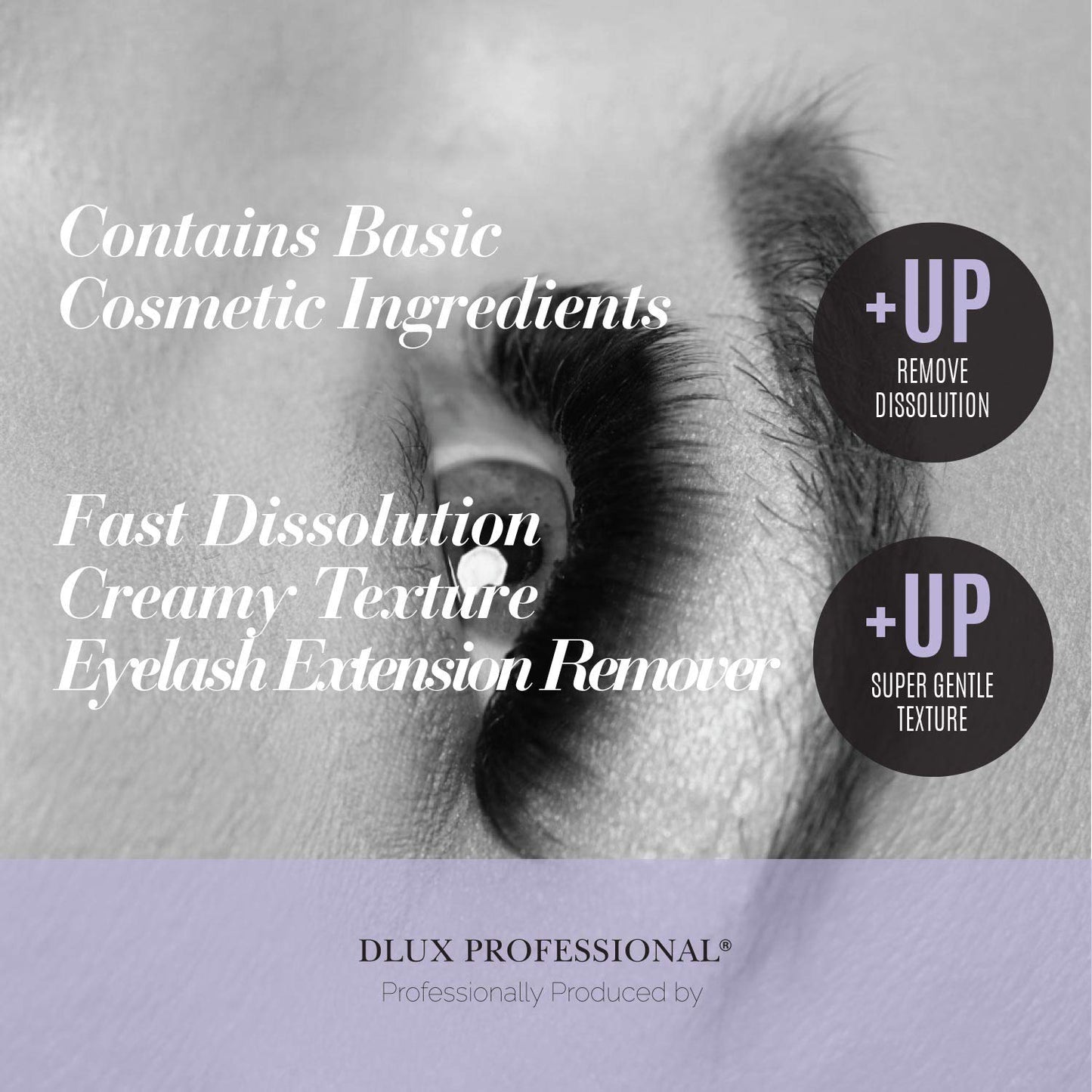 Side view of the 15ml Dlux Professional lash extension glue remover packaging showing product details.