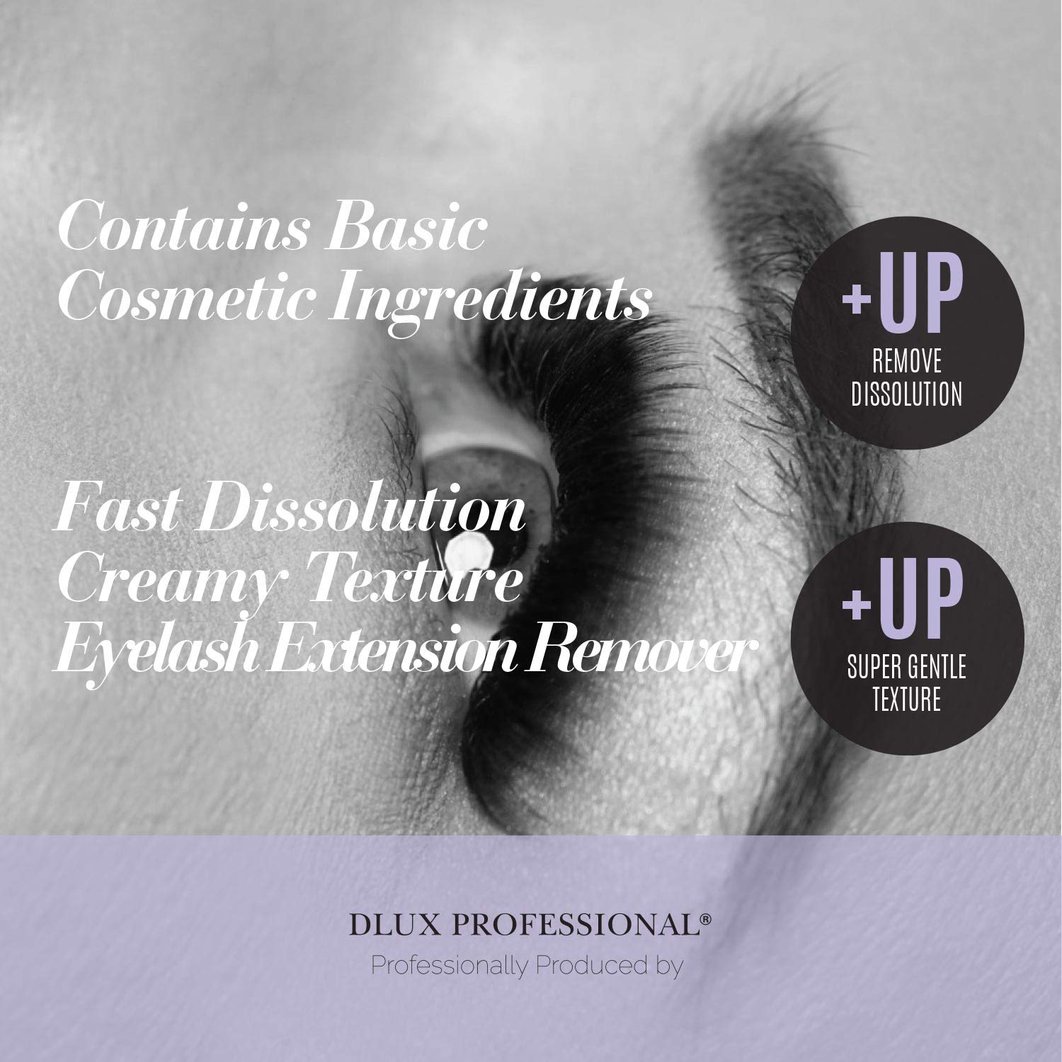 Side view of the 15ml Dlux Professional lash extension glue remover packaging showing product details.