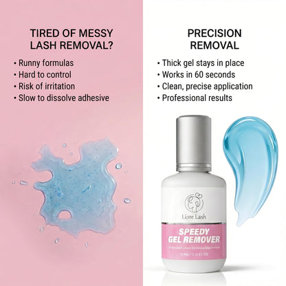 Liore Lash blue tinted professional eyelash glue dissolving gel being applied safely during a lash extension removal process