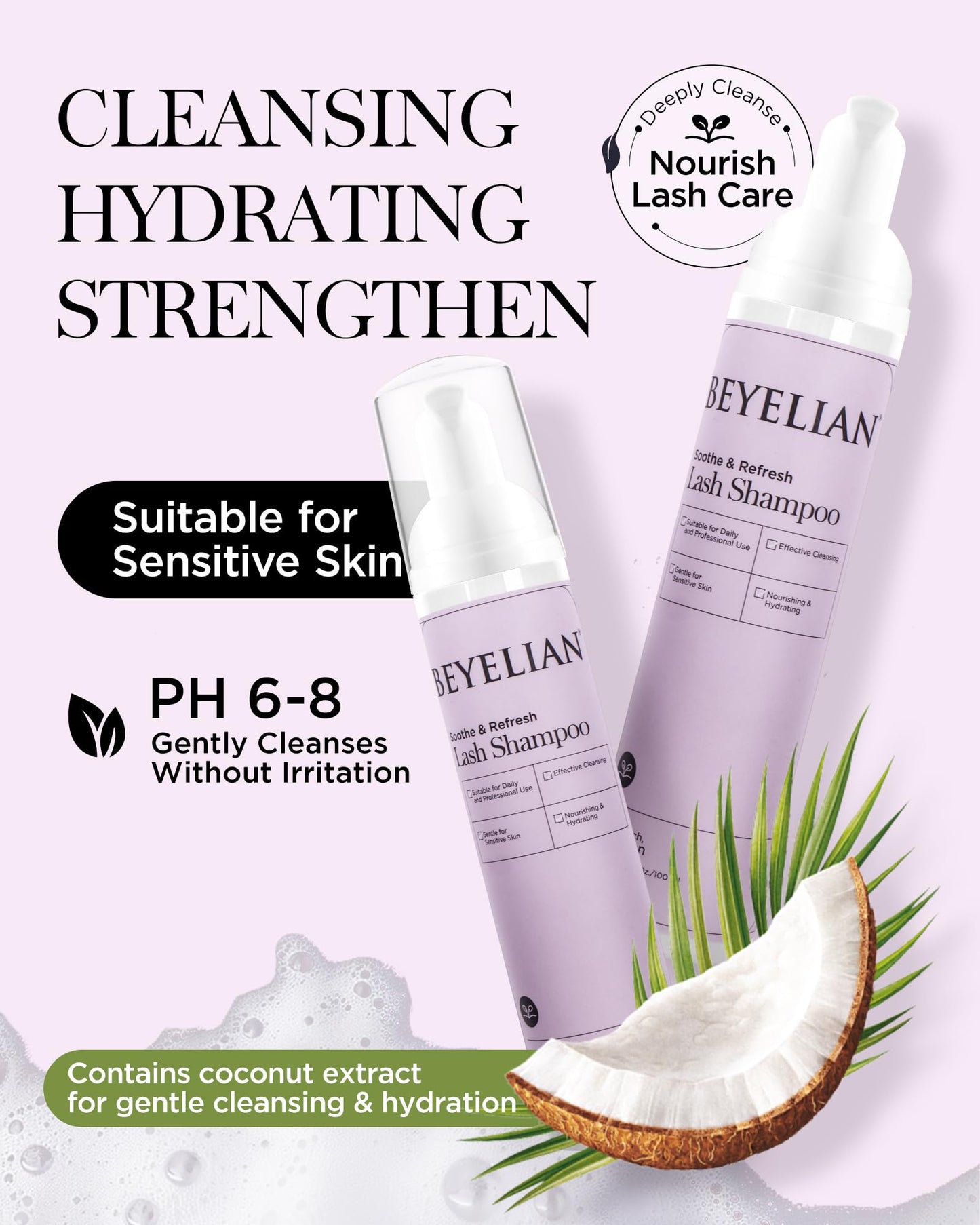 BEYELIAN eyelash extension cleanser with soft cleaning brush for deep lash hygiene