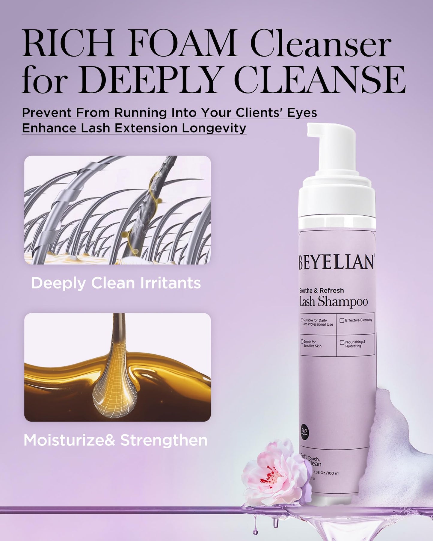 BEYELIAN 100ML lash foam shampoo showing professional eyelid cleaning kit accessories