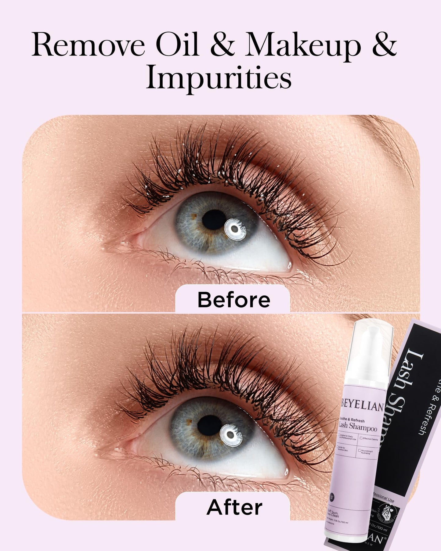BEYELIAN gentle cluster lash remover and foaming cleanser set on clear background
