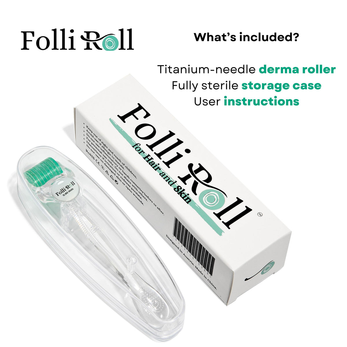 Lifestyle flat lay of FolliRoll derma roller with skincare products