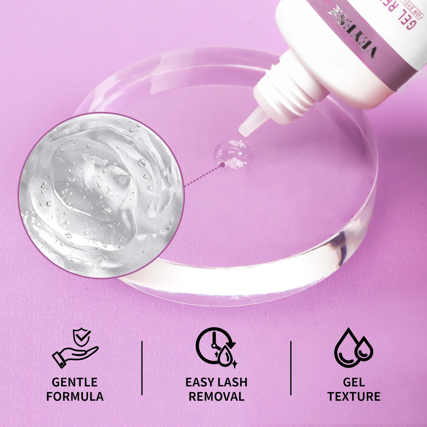 Fast acting eyelash extension remover gel showing clear non greasy formula texture.