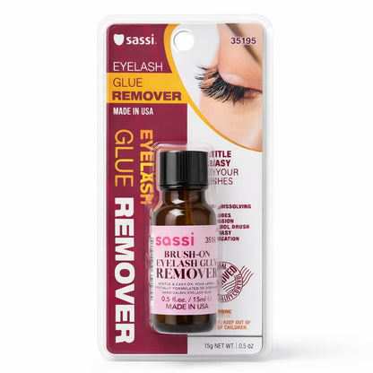 Close up of Sassi Eyelash Glue Remover brush applicator in a 0.5 fluid ounce bottle.