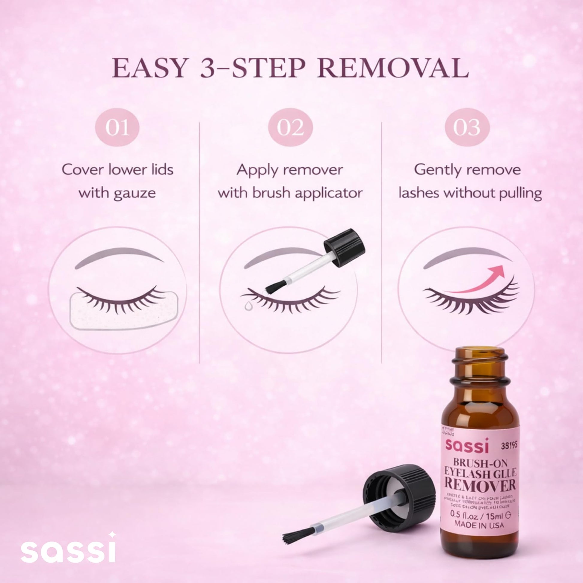 Using Sassi brush-on remover to safely dissolve false lash glue.