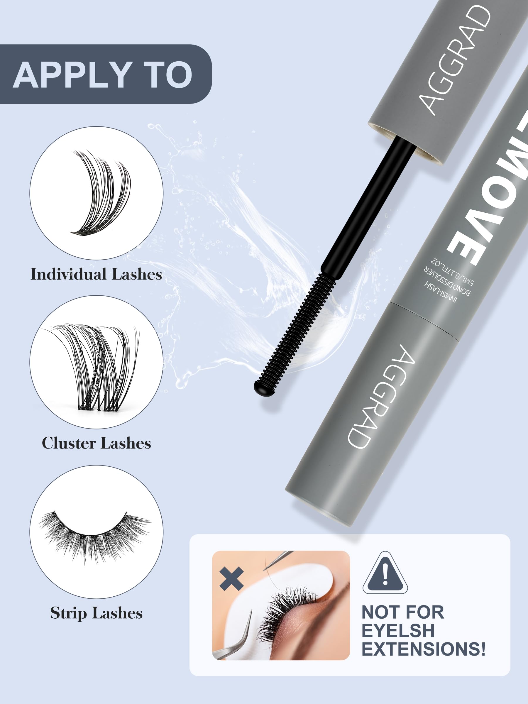 Aggrad lash remover bottle with cap removed showing wand