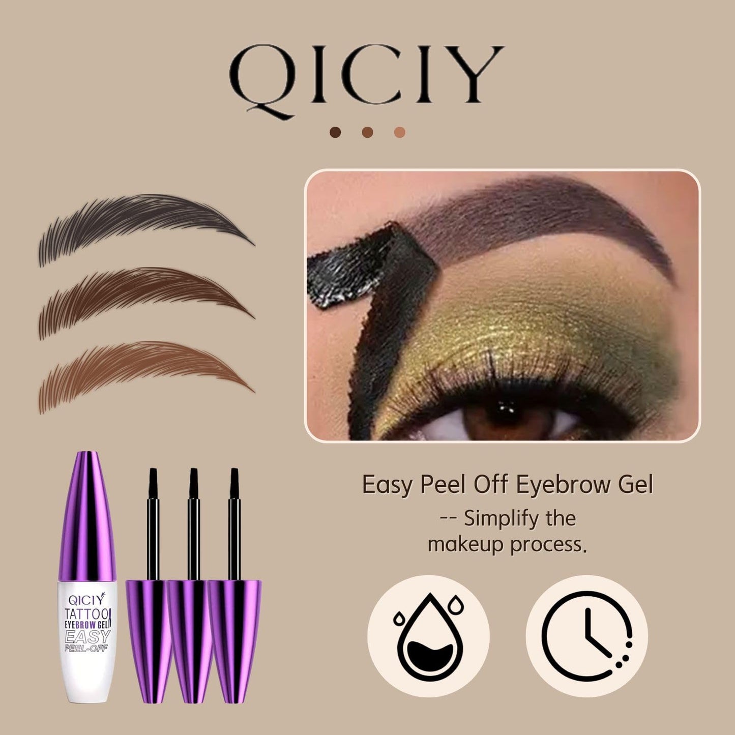 Accio peel off eyebrow kit showing shades on skin swatch