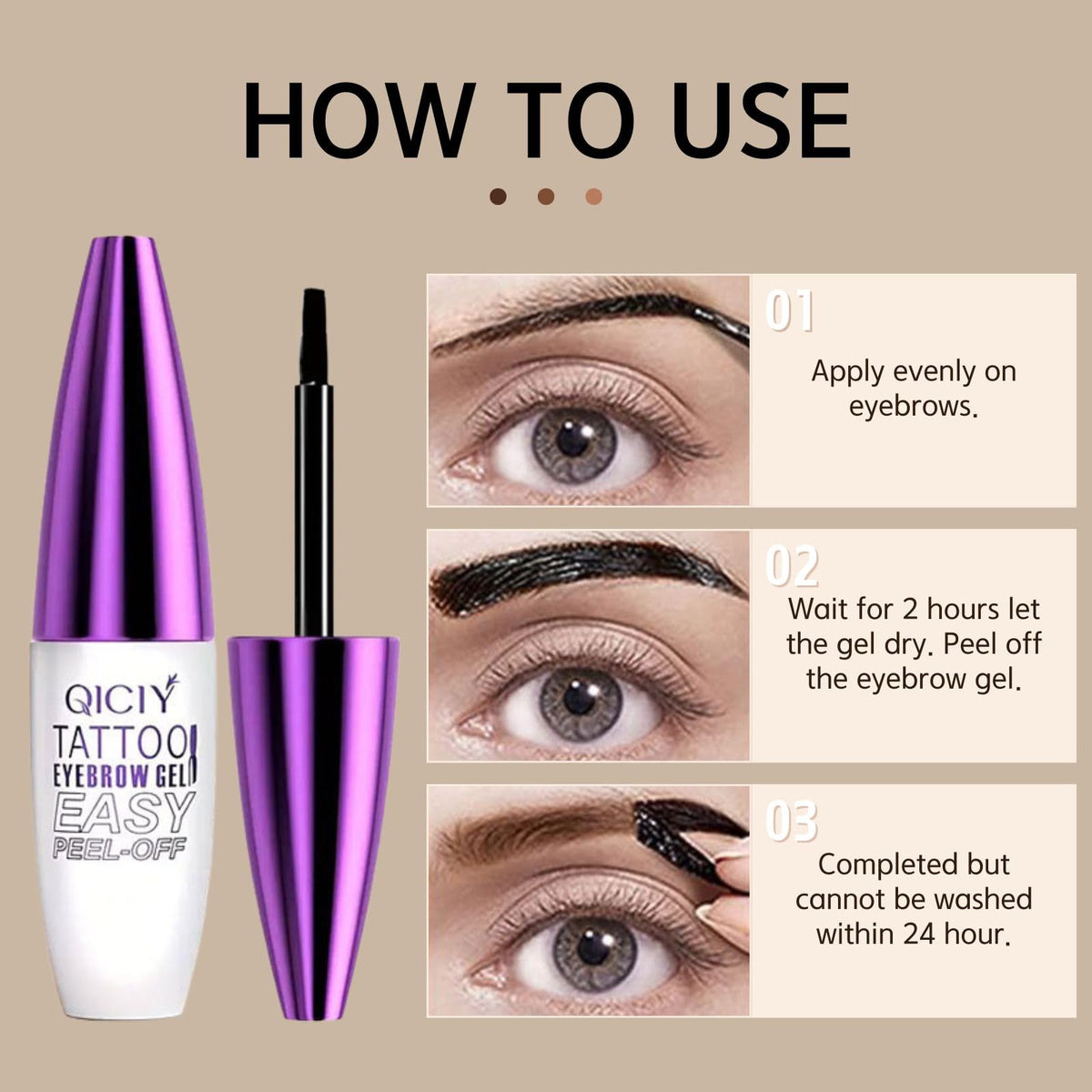 Complete 3 pieces easy peel off eyebrow gel package layout