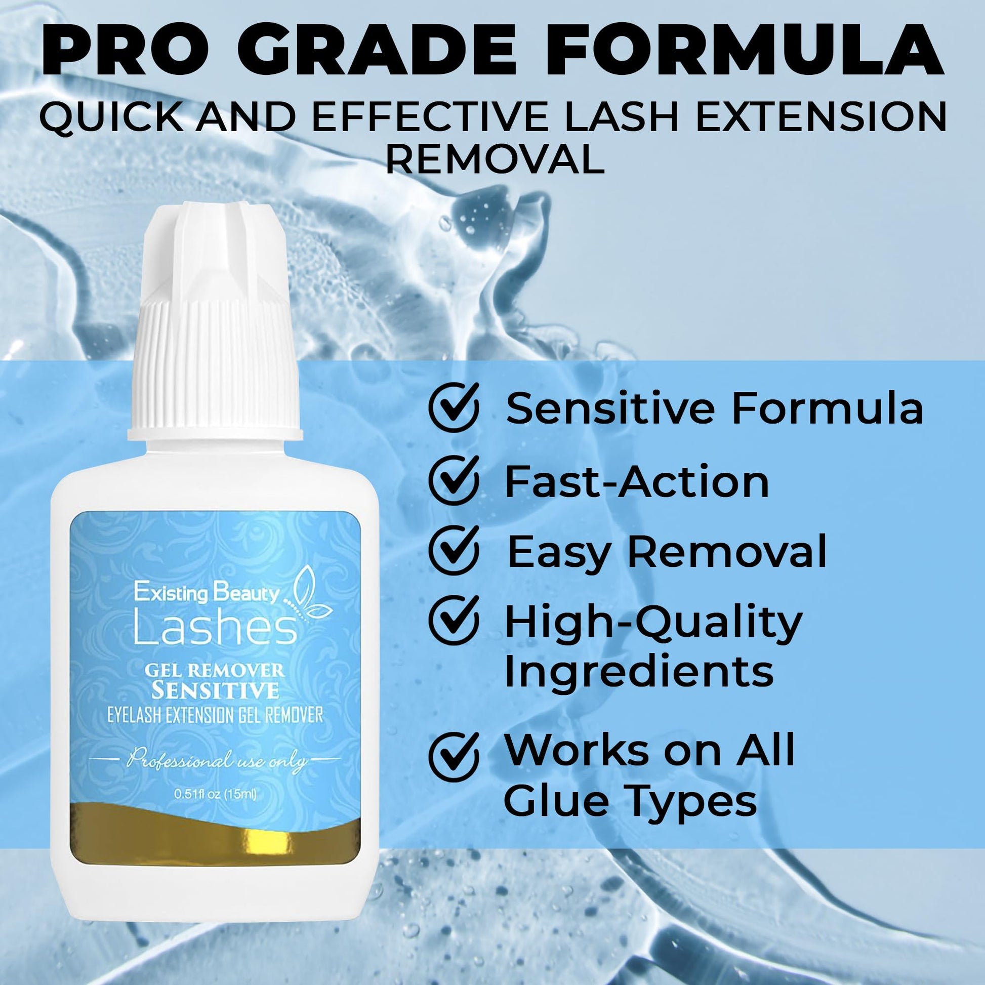 Fast acting clear eyelash extension remover gel dissolving strong false lash glue bonds safely