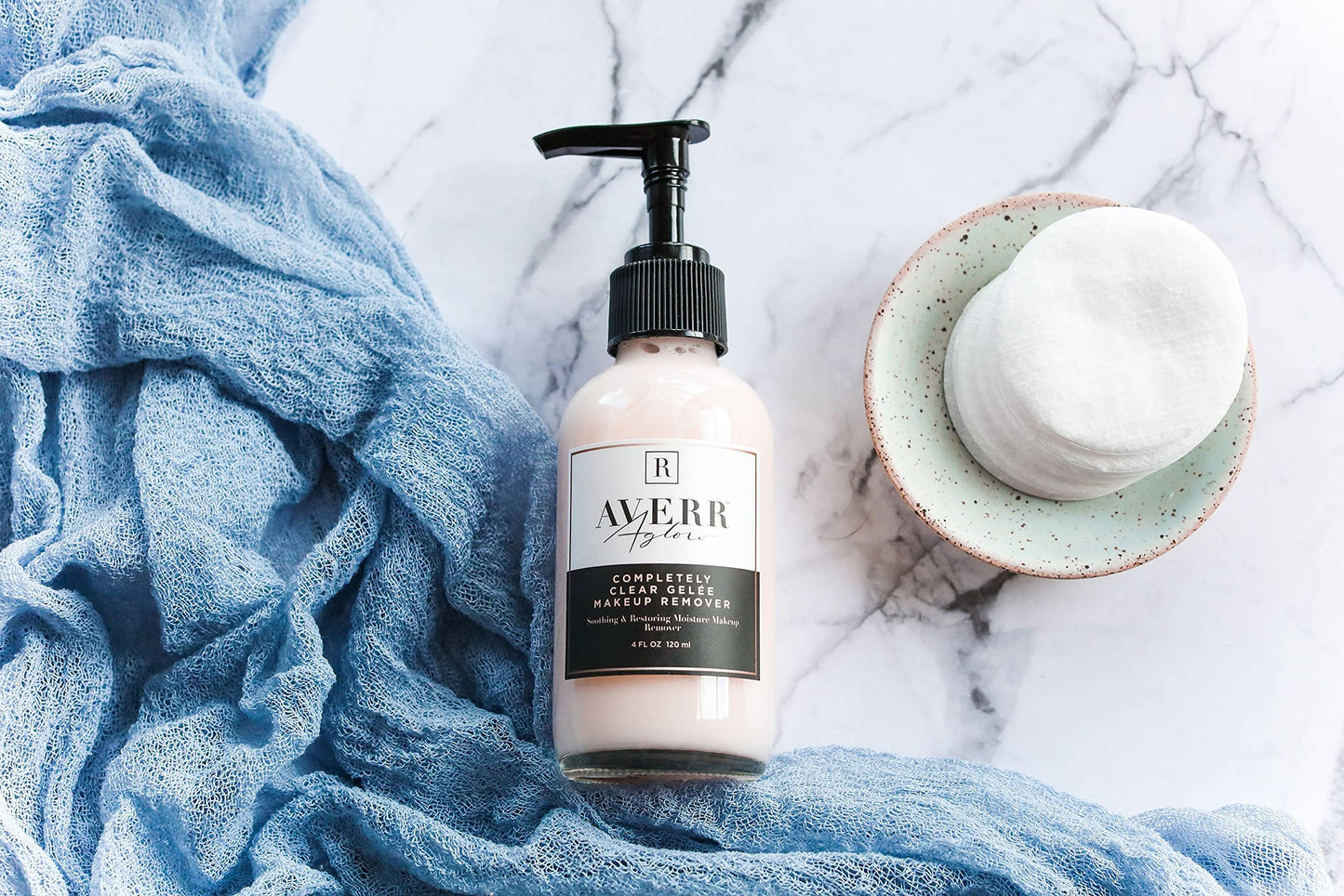 Averr Aglow waterproof makeup remover cleanser styling display with natural ingredients