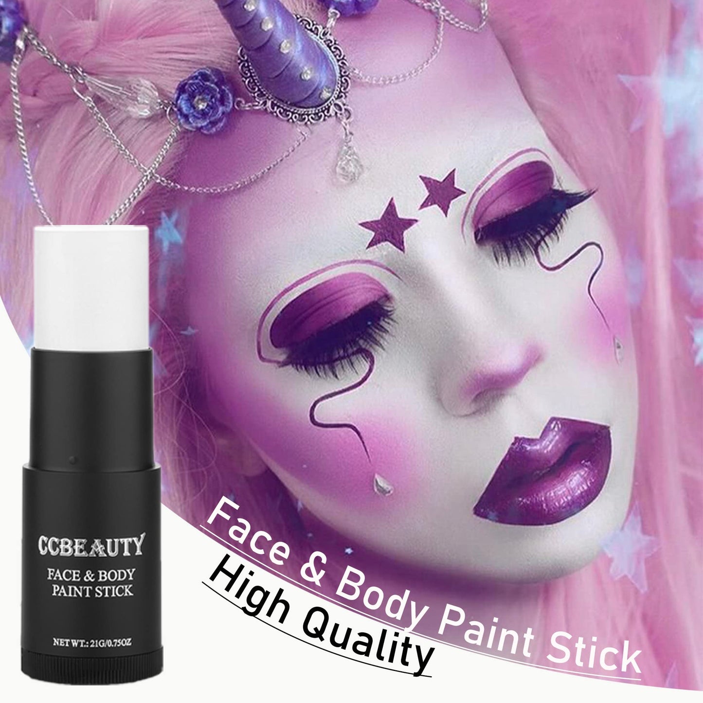 CCbeauty white face paint stick applied for a Joker costume look