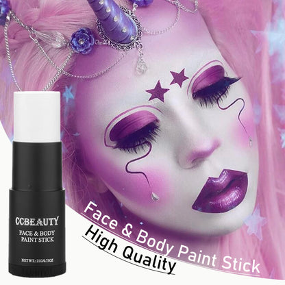 CCbeauty white face paint stick applied for a Joker costume look