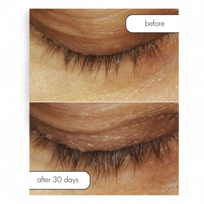 Peptide enhanced eyelash conditioner liquid mixture inside clear authentic container