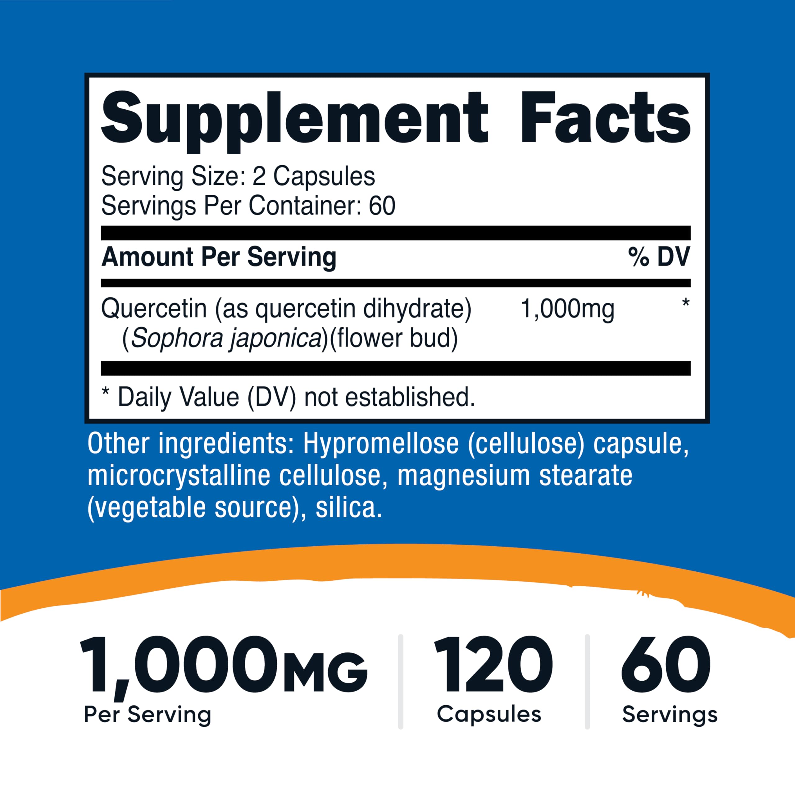 Supplement facts label on the back of Nutricost Quercetin 1000mg packaging highlighting non-GMO and gluten-free certifications.