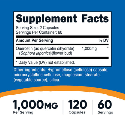Supplement facts label on the back of Nutricost Quercetin 1000mg packaging highlighting non-GMO and gluten-free certifications.