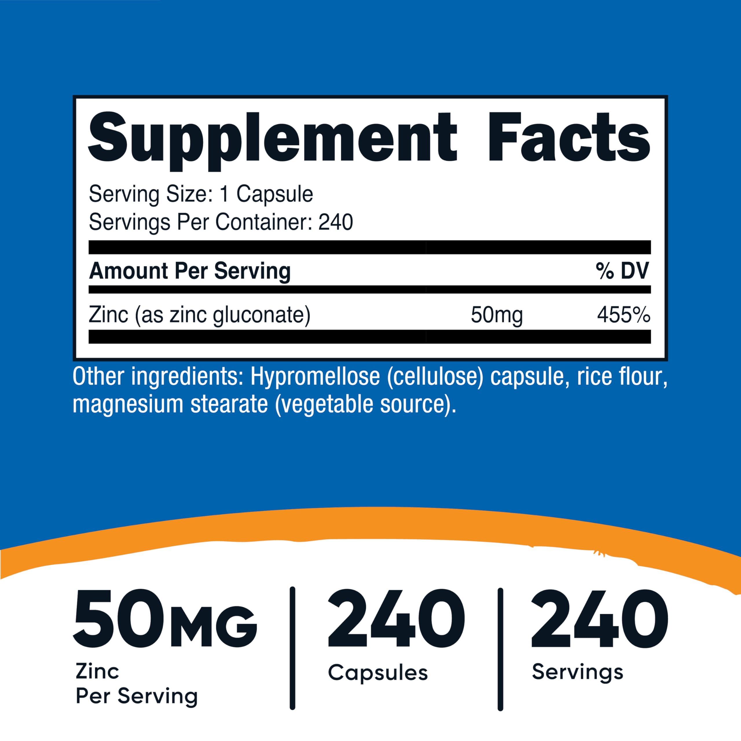 Nutricost Zinc Gluconate two hundred forty capsules label details displaying supplement facts and dietary features.