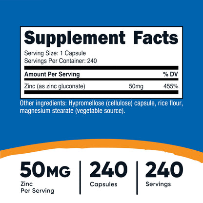 Nutricost Zinc Gluconate two hundred forty capsules label details displaying supplement facts and dietary features.