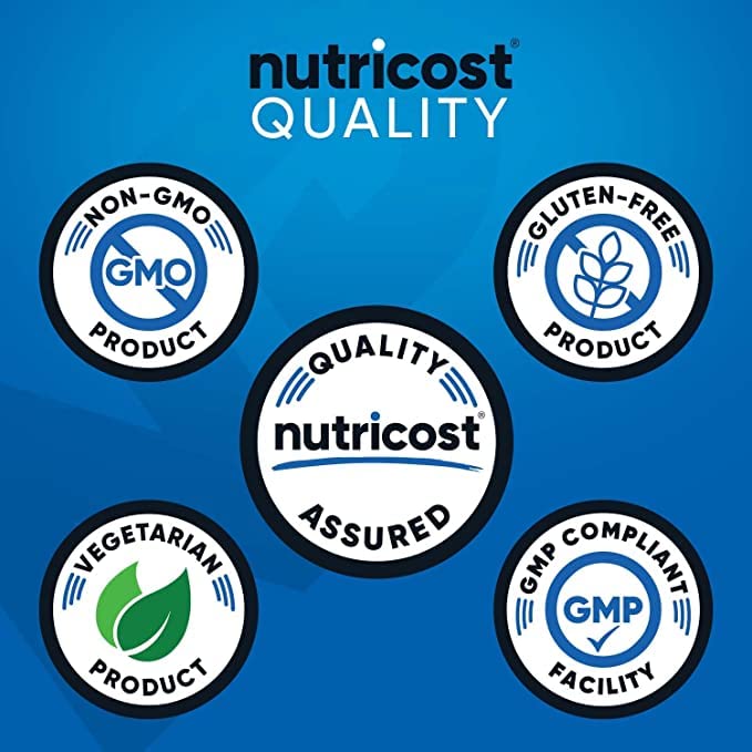 Side profile of Nutricost Zinc Gluconate supplement bottle showing manufacturing compliance and non-GMO icons.