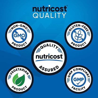 Side profile of Nutricost Zinc Gluconate supplement bottle showing manufacturing compliance and non-GMO icons.