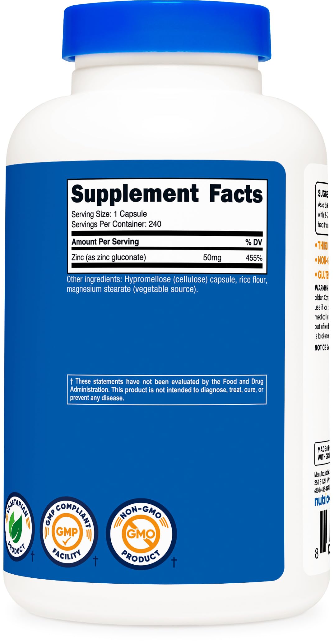 Nutricost Zinc Gluconate high potency mineral supplement bottle showcasing capsule count and daily dosage guidelines.