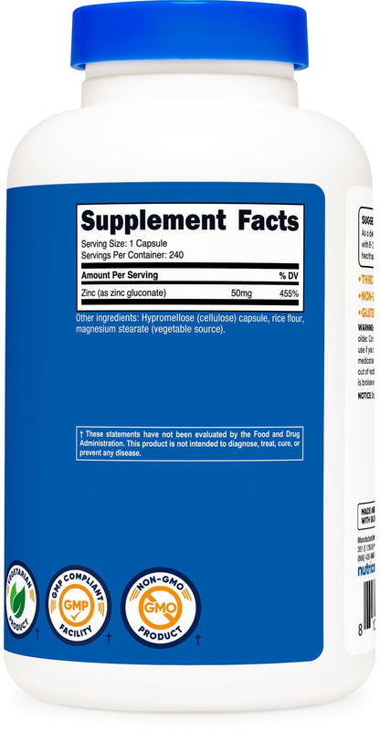 Nutricost Zinc Gluconate high potency mineral supplement bottle showcasing capsule count and daily dosage guidelines.
