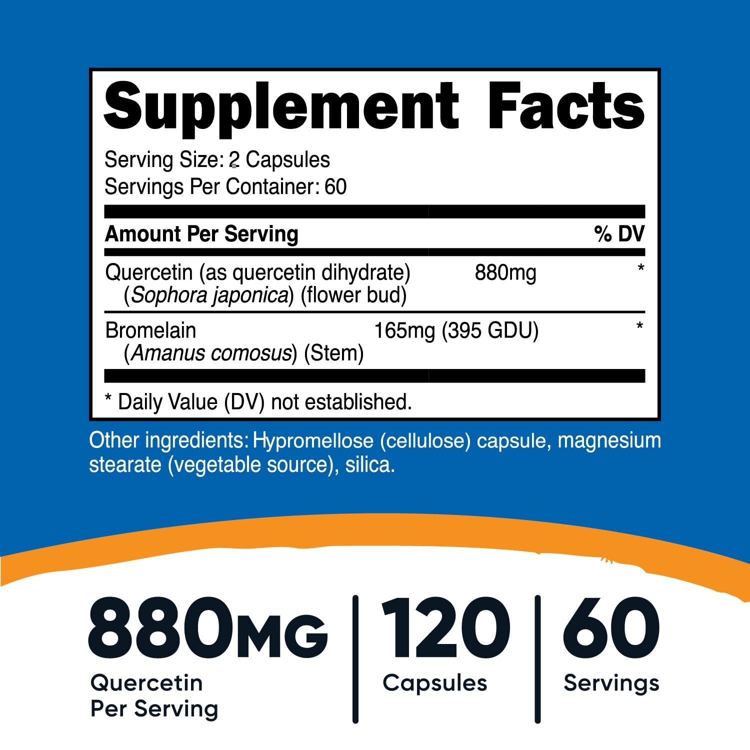 Side view of Nutricost Quercetin 880mg supplement packaging detailing nutritional facts and non-GMO clean ingredients.